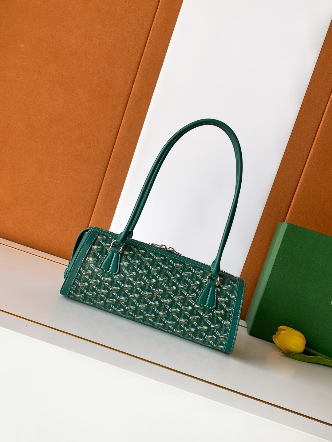 Goyard tote bag, dark green patterned canvas with top handles and structured shape
