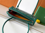 Goyard zip-top bag, dark green patterned exterior with open zipper and teal strap