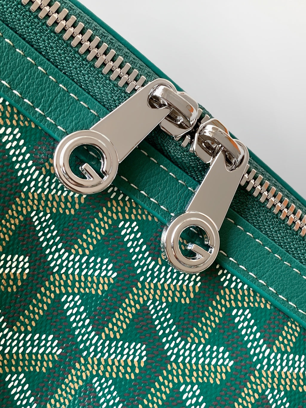 Goyard bag zipper pulls, dark green patterned fabric with metal rings and zipper