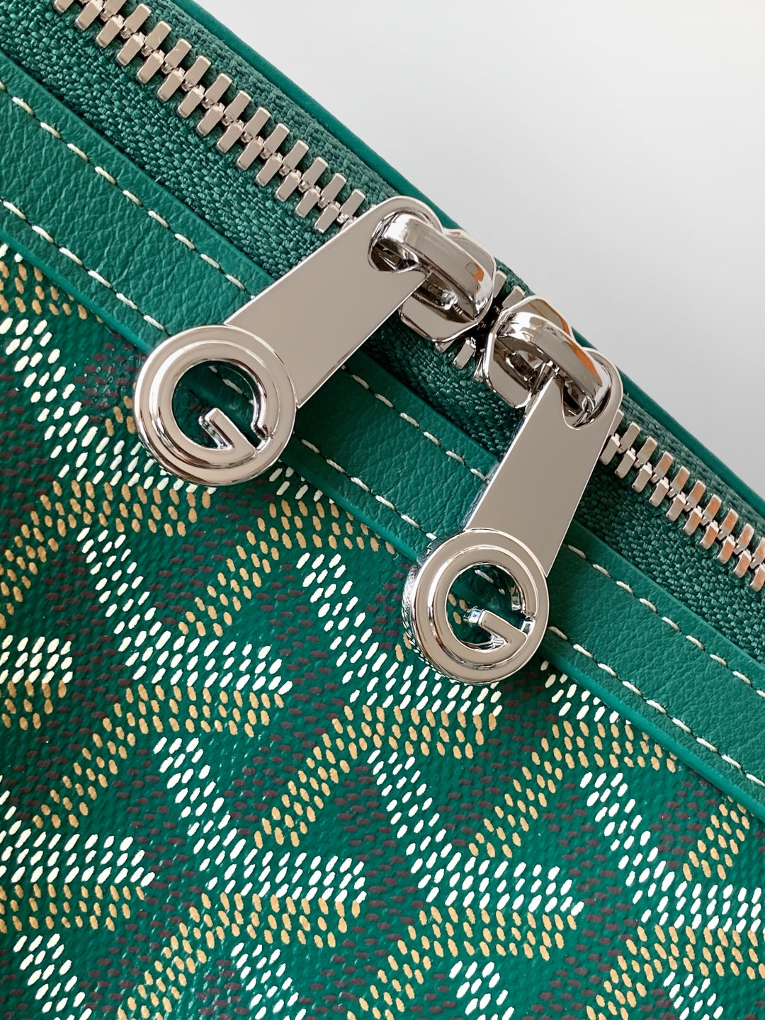 Goyard bag zipper pulls, dark green patterned fabric with metal rings and zipper