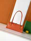 Orange patterned Goyard tote bag with top handles and silver-tone hardware