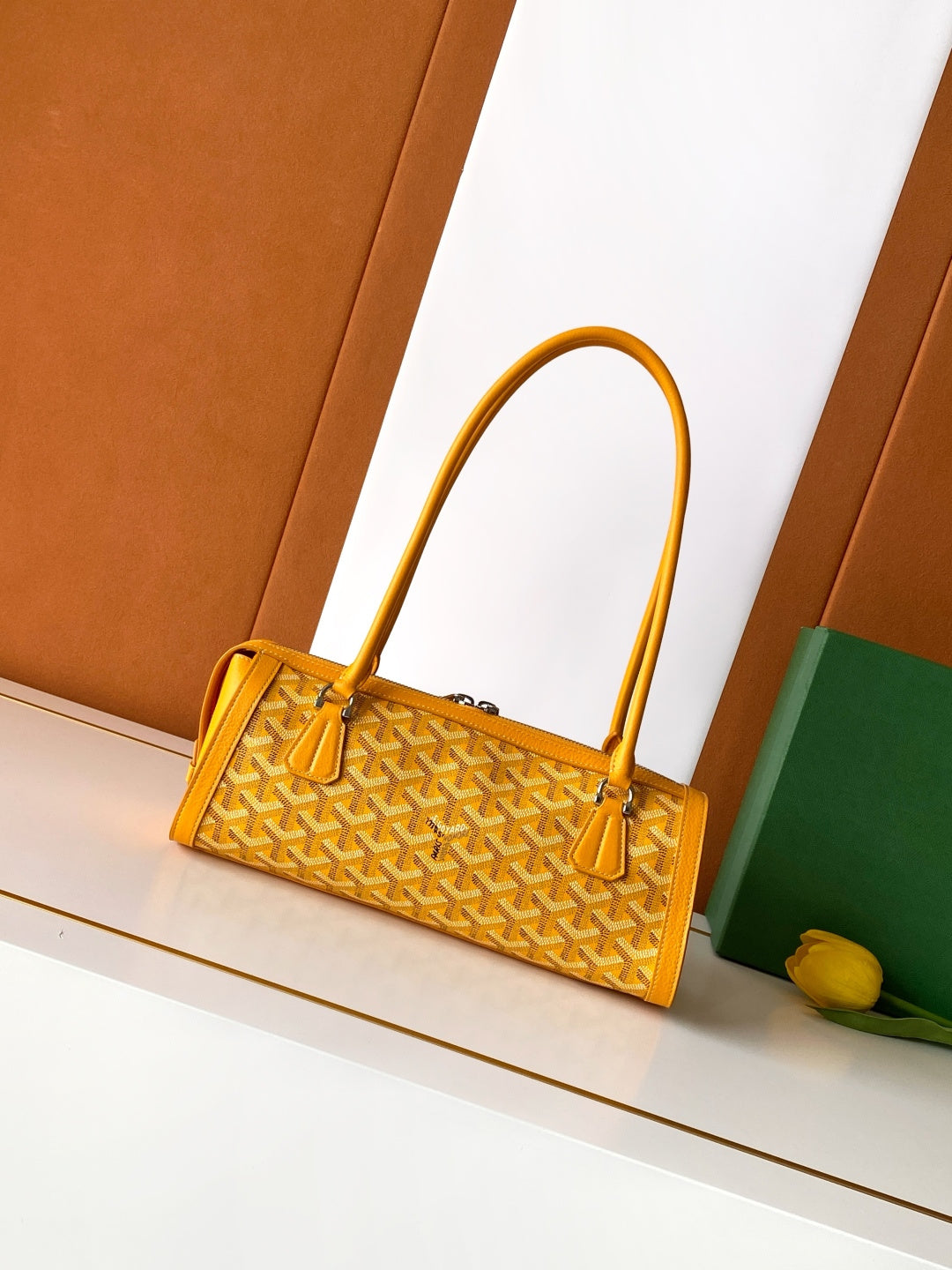 Goyard yellow monogram handbag front view with top handles