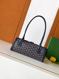 Goyard bag with navy patterned canvas, navy leather handles, top zip closure.