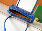 Blue Goyard patterned bag with open top and zippered interior compartment