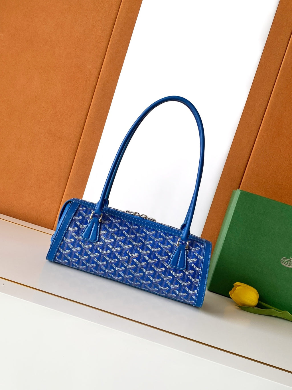 Blue Goyard patterned tote bag with arched top handles and front clasp