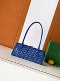 Blue Goyard patterned mini tote bag with top handles and front clasp hardware