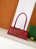 Red Goyard-style tote bag with top handles and zip closure, front patterned canvas