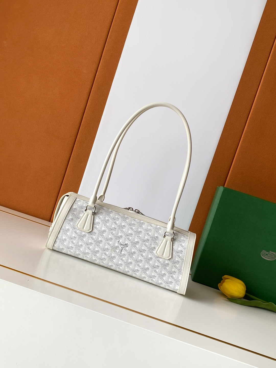 Goyard white patterned tote bag with short top handles and stitched trim