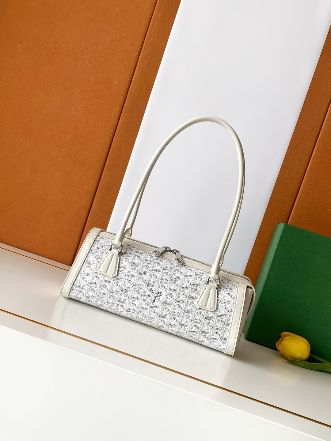Goyard white patterned tote bag with top handles and zip closure