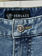 Versace denim jeans back waistband label with logo emblem and VERSACE text