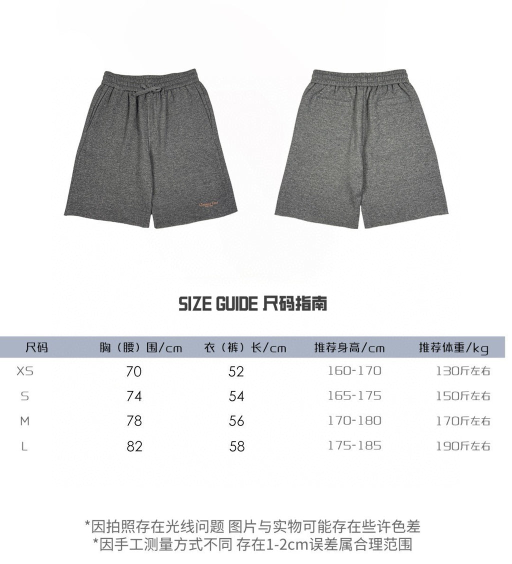 Size guide chart for gray drawstring shorts with XS–L measurements table