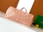 Rectangular pink patterned tote bag with long handles and open top