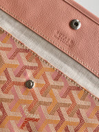 Pink patterned tote bag fabric with button snap and leather trim
