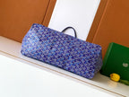 Purple monogram tote bag with long handles, laid horizontally