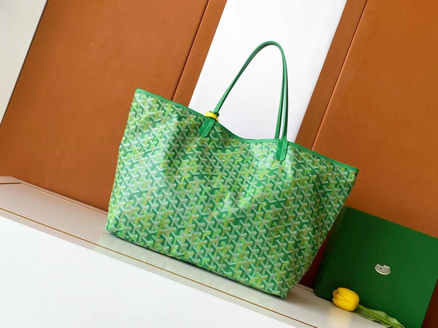 Goyard green patterned tote bag with wide base and top leather handles