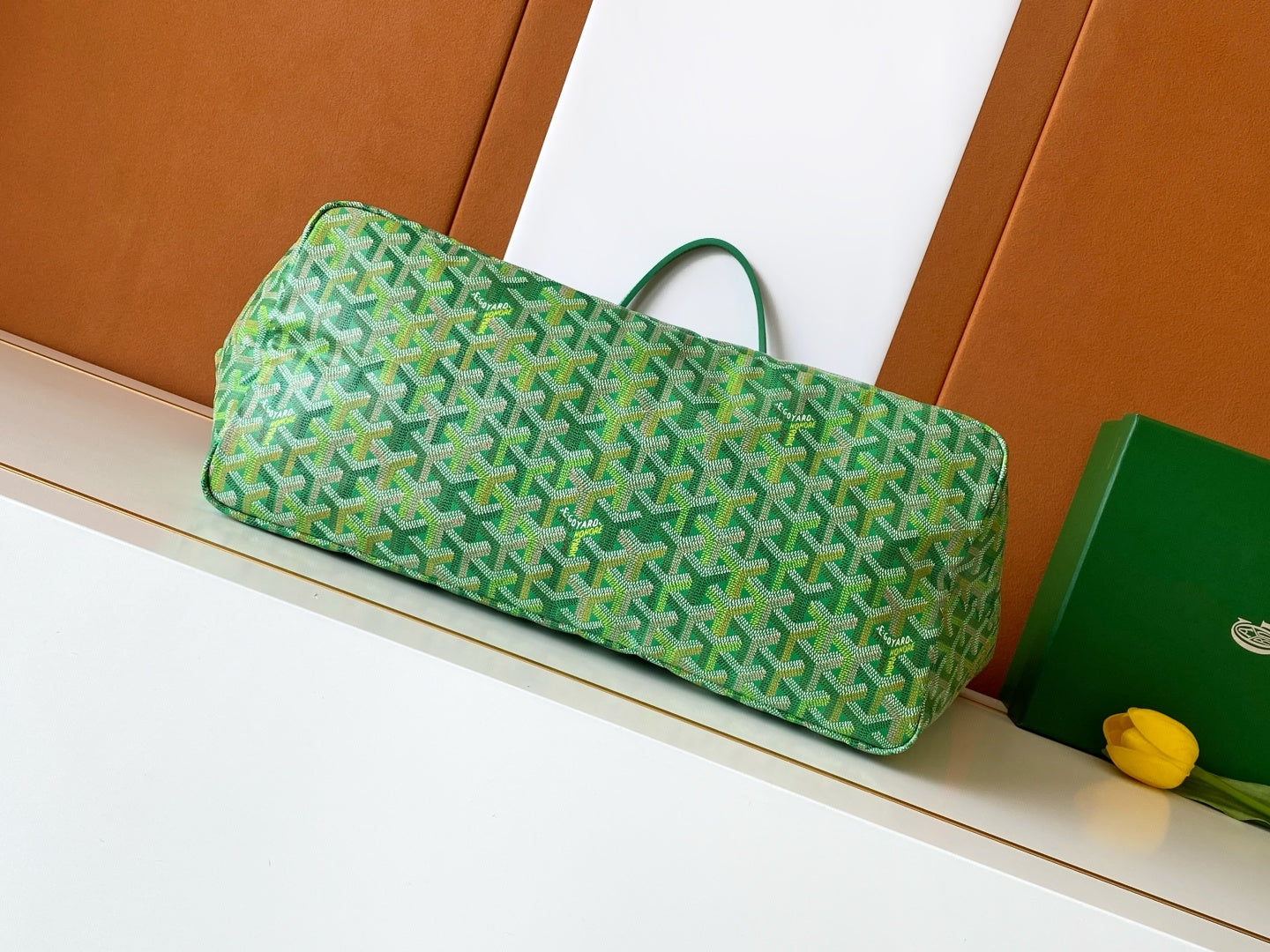 Goyard green patterned tote bag with long shape and handle loop details