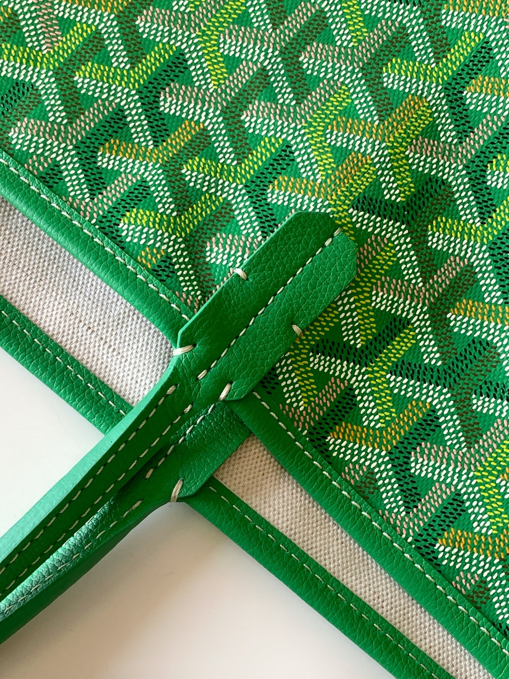 Goyard tote bag corner with green fabric lining and stitched leather trim
