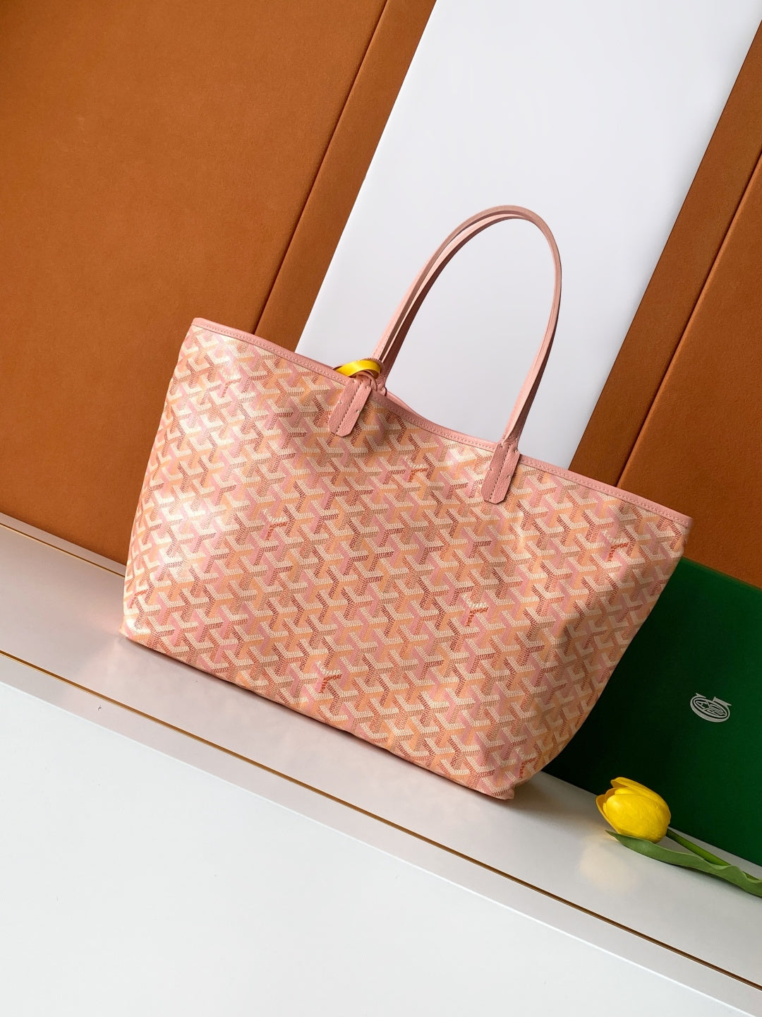 Goyard tote bag in pink patterned canvas with leather handles and top closure tab