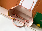 Tote bag open view with gray interior lining and pink leather edge trim