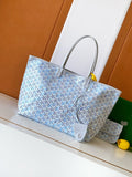 Light blue patterned tote bag with top handles and structured shape