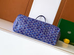Blue patterned tote bag with wide base and top handles, angled profile