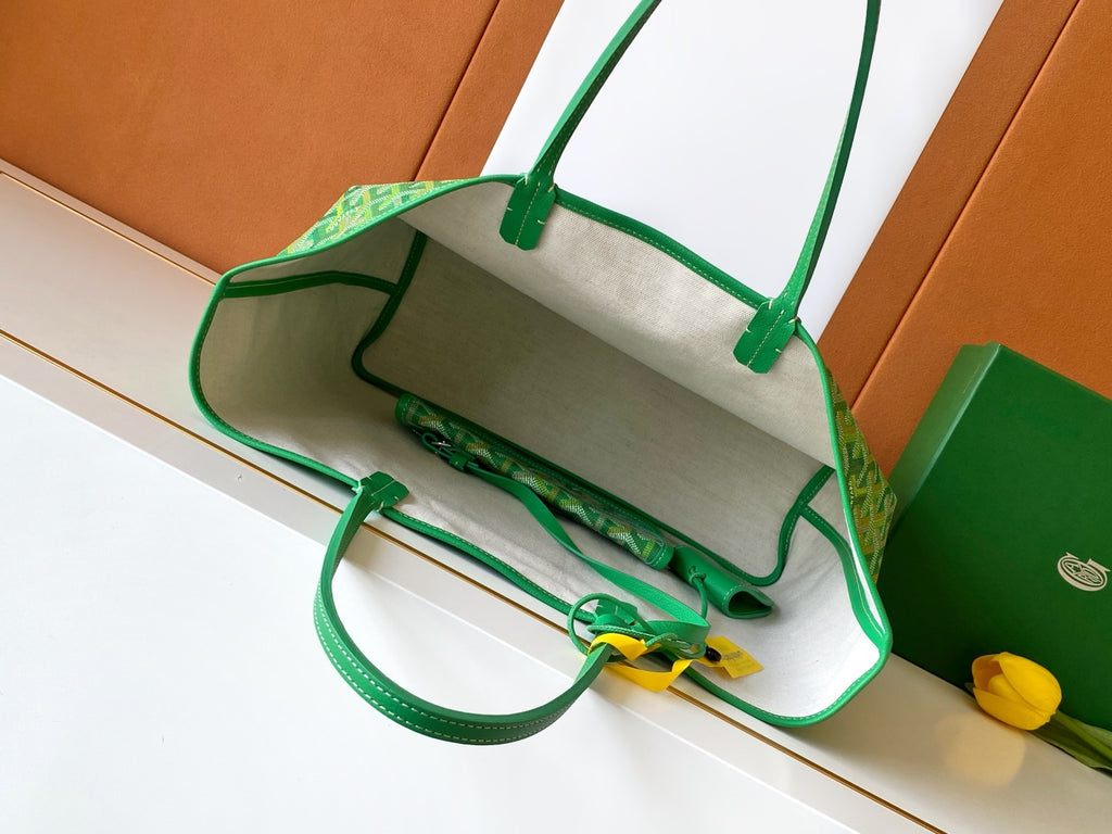 Green patterned tote bag open view showing inner lining and top handles
