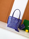 Goyard tote bag and matching pouch, blue Goyard pattern, top handles and leather trim