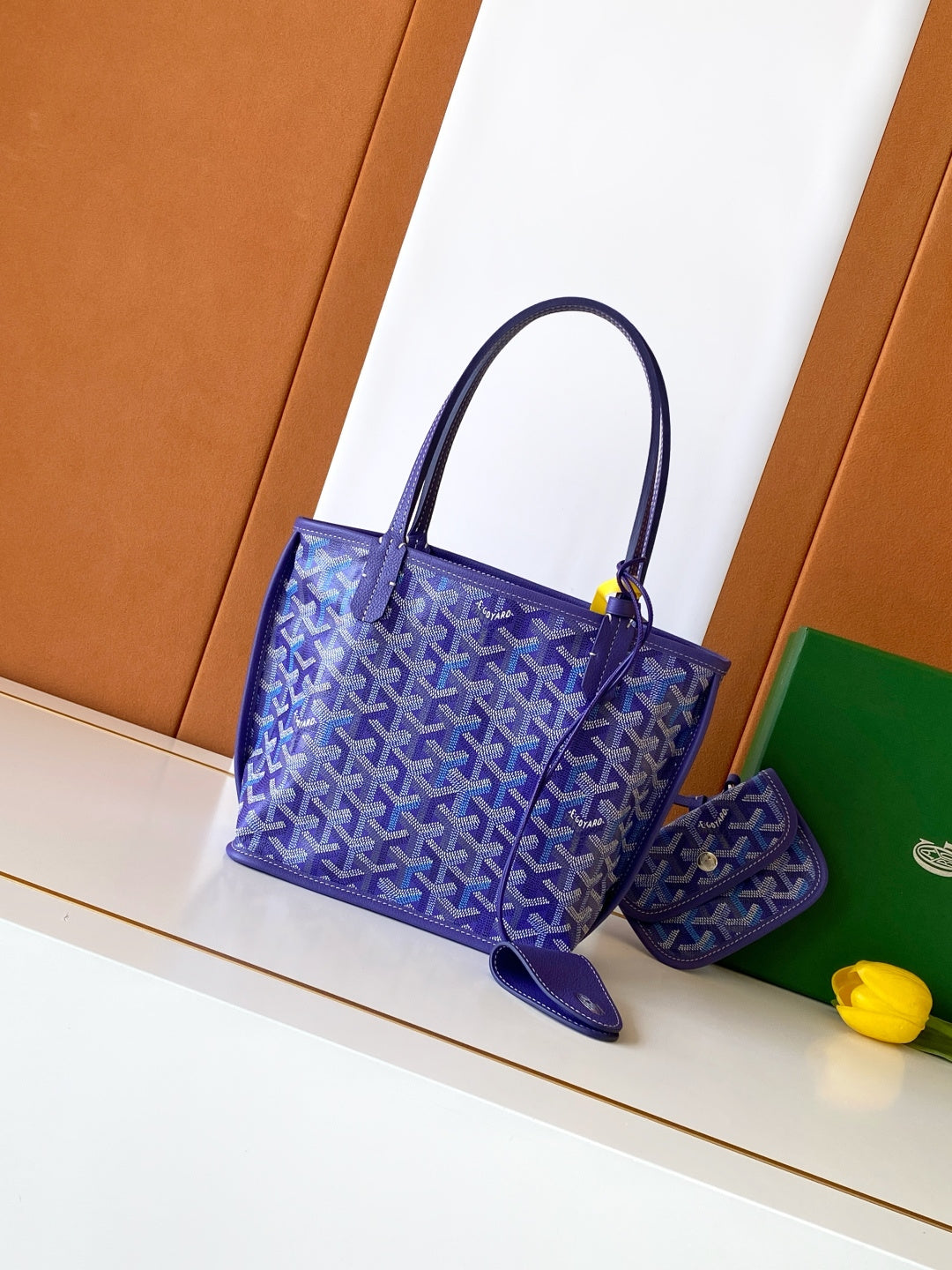 Goyard tote bag and matching pouch, blue Goyard pattern, top handles and leather trim