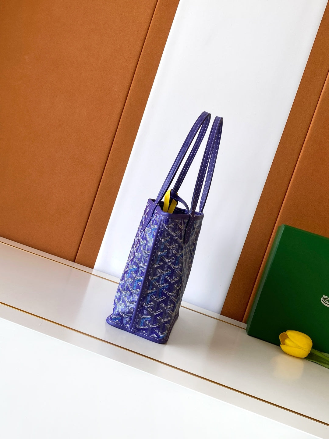 Goyard tote bag, blue Goyard pattern with double top handles and slim crossbody strap