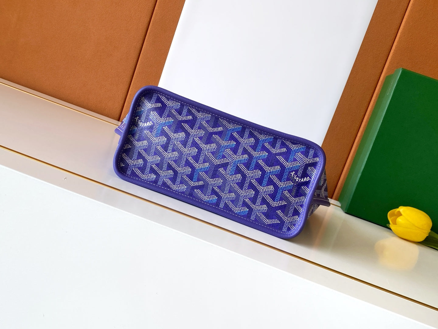 Goyard wallet pouch, blue Goyard pattern with zippered top and leather trim
