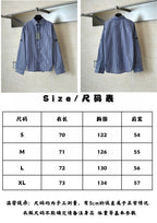 Long-sleeve striped button-up shirt with size chart table, front and back views