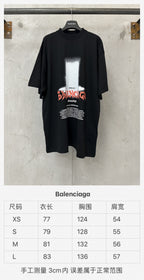 Black short-sleeve T-shirt front with Balenciaga graphic and size chart