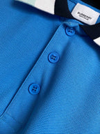 Blue Burberry polo shirt front close-up, three blue buttons on placket