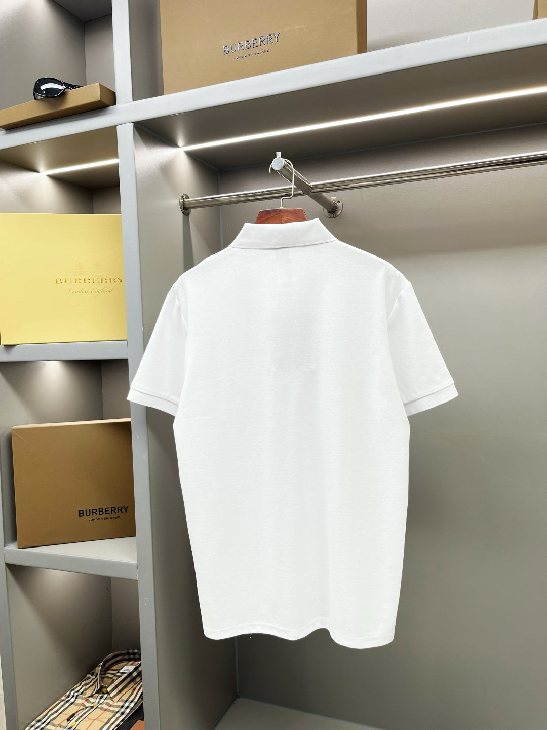 Burberry white polo shirt back view with ribbed collar