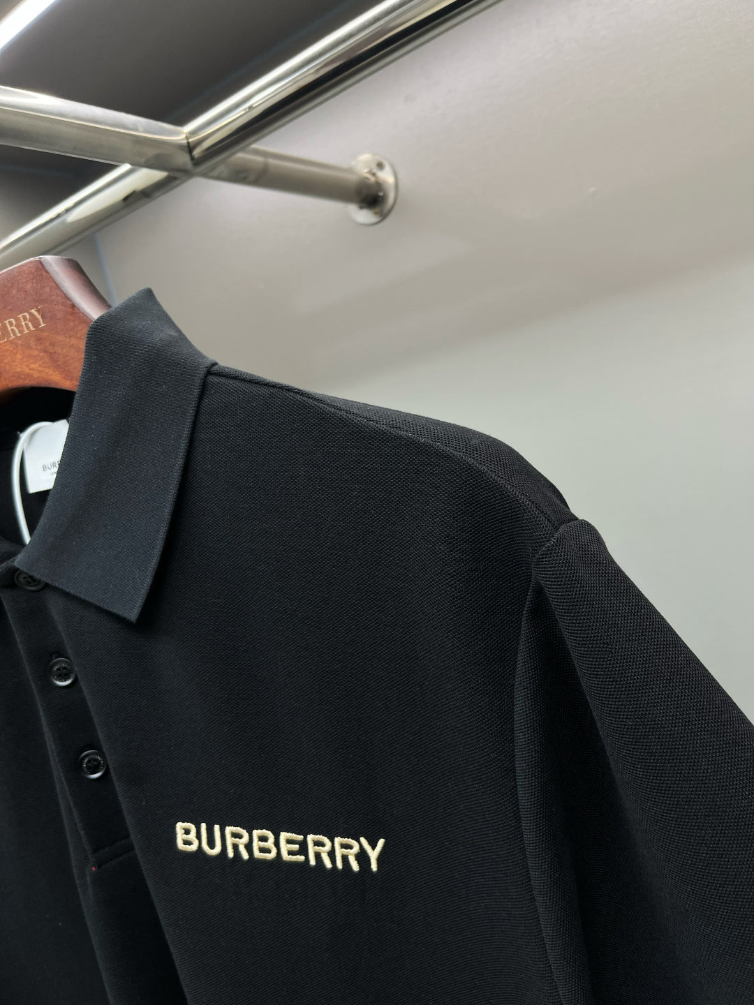 Burberry short-sleeve polo shirt, dark navy, chest logo and button placket detail