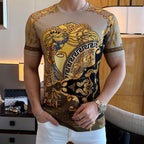 Versace short-sleeve T-shirt, light gray base, ornate gold and blue emblem print