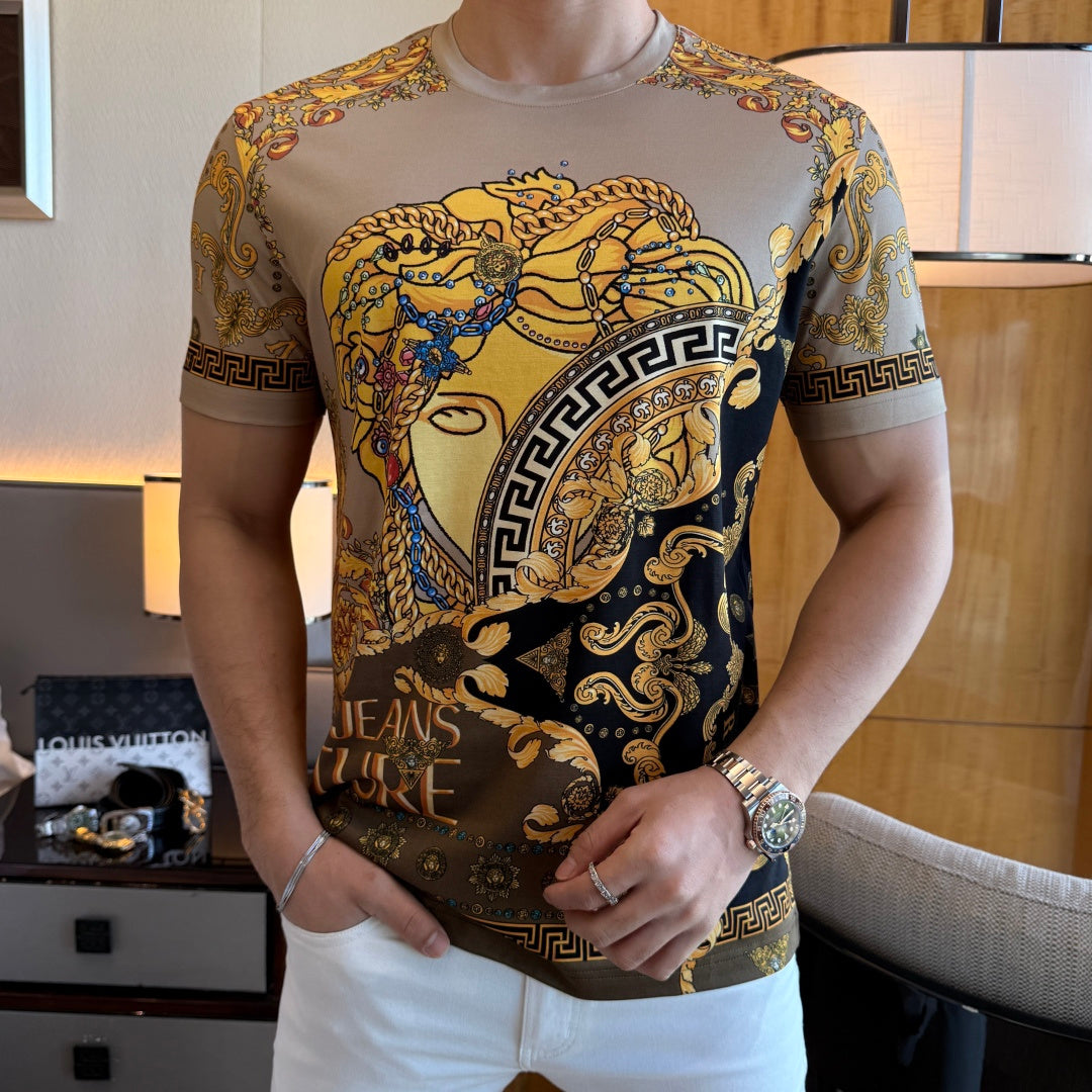 Versace short-sleeve T-shirt, light gray base, ornate gold and blue emblem print