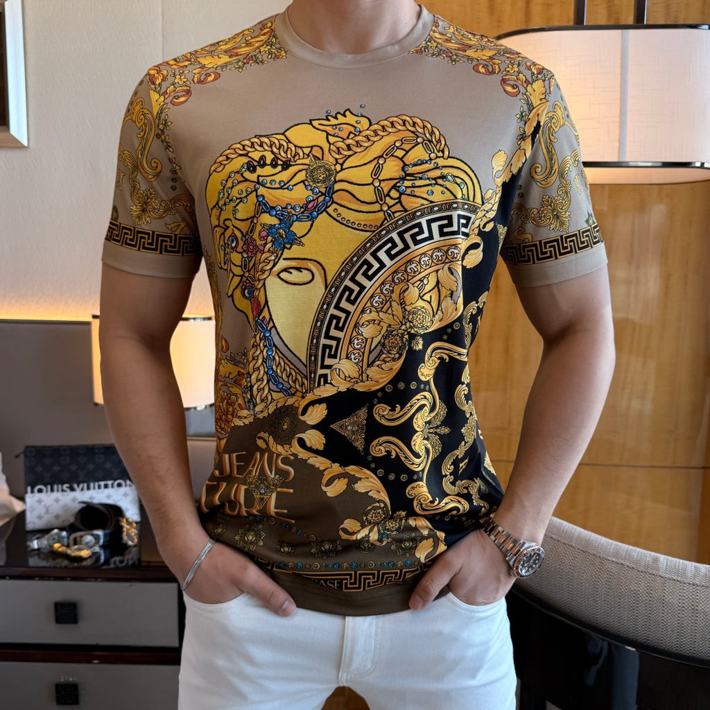 Versace short-sleeve T-shirt with gold, blue, and black baroque graphic print