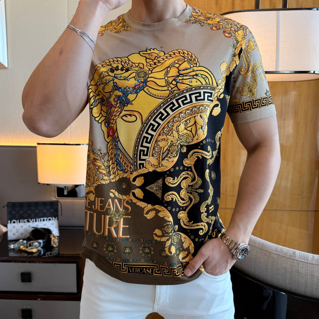 Versace short-sleeve T-shirt with baroque profile graphic and decorative trim