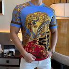 Versace short-sleeve T-shirt with blue base and detailed gold, black and red medallion print