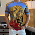 Versace short-sleeve T-shirt in bright blue with gold, black and red ornate graphic