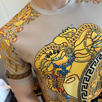 Versace T-shirt front close-up of gold and blue horse head graphic with jeweled details