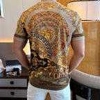Versace short-sleeve T-shirt back view with circular gold and black baroque print