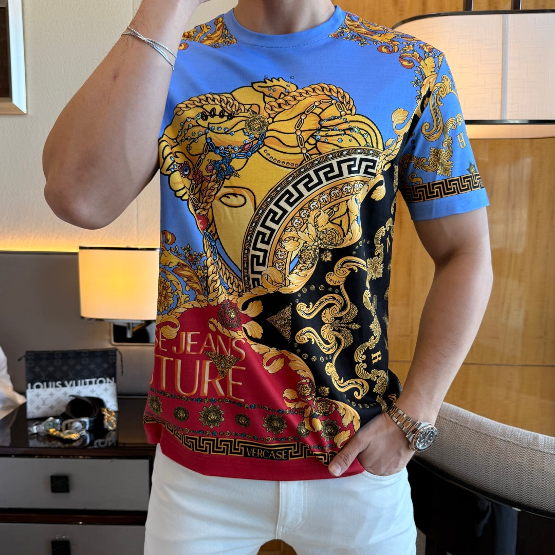 Versace short-sleeve T-shirt with blue sleeves and bold gold, black and red decorative motif