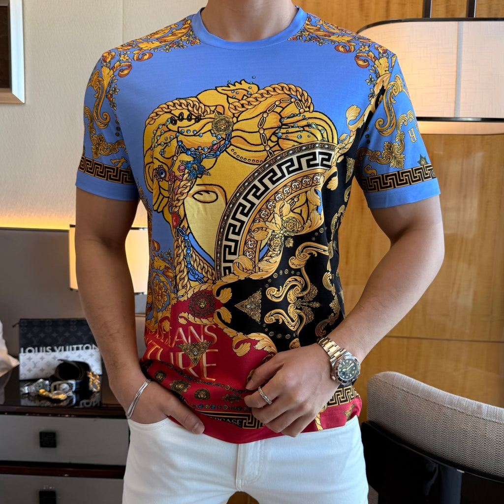 Versace short-sleeve T-shirt showing blue neckline and large gold, black and red print