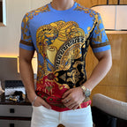 Versace short-sleeve T-shirt showing blue neckline and large gold, black and red print