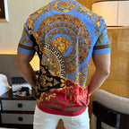 Versace short-sleeve T-shirt back view in blue with circular gold ornate print and border