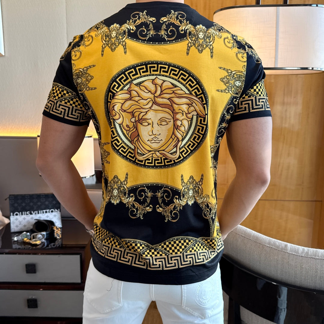 Graphic T-shirt back with gold portrait medallion and Greek key trim