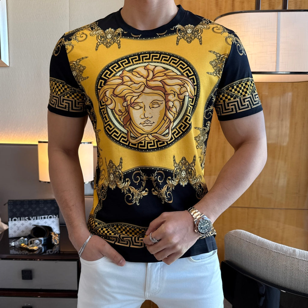 Graphic T-shirt with gold portrait medallion and Greek key check sleeve trim
