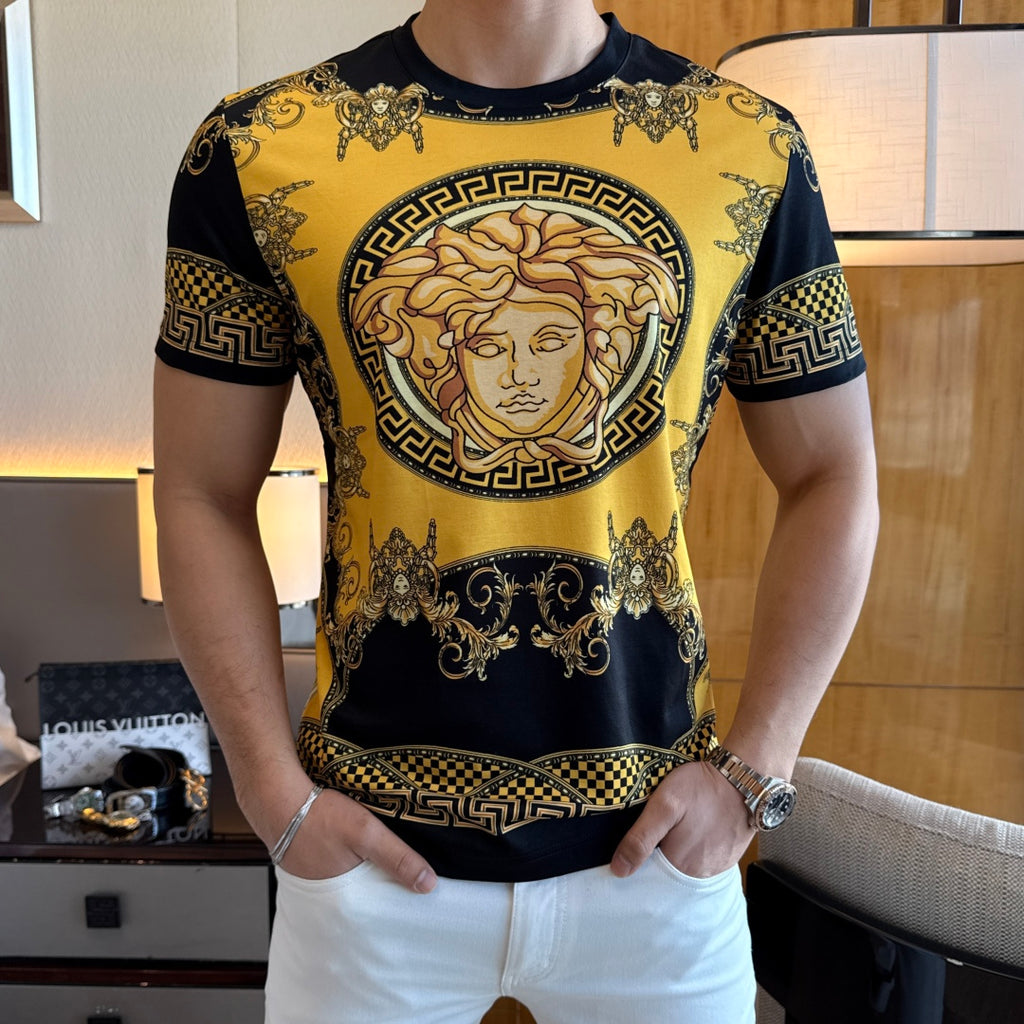 Graphic T-shirt with gold portrait and Greek key trim, black sleeves